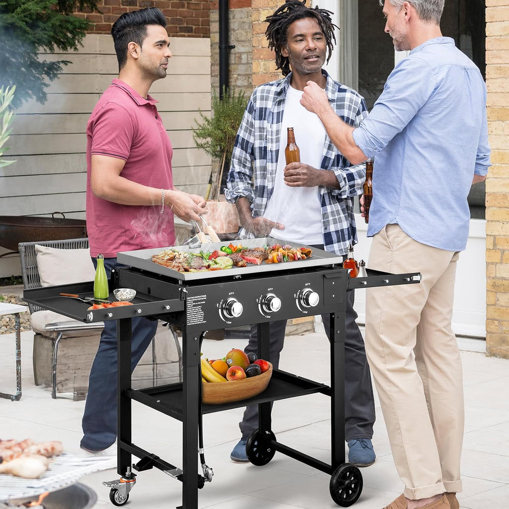 Foldable 3-Burner Flat Top Gas Griddle, 45,000 Btu Portable Outdoor Griddle Station with Side Shelves and Wheels, Propane Camping Griddle for Outdoor Kitchen Backyard Travel Rv
