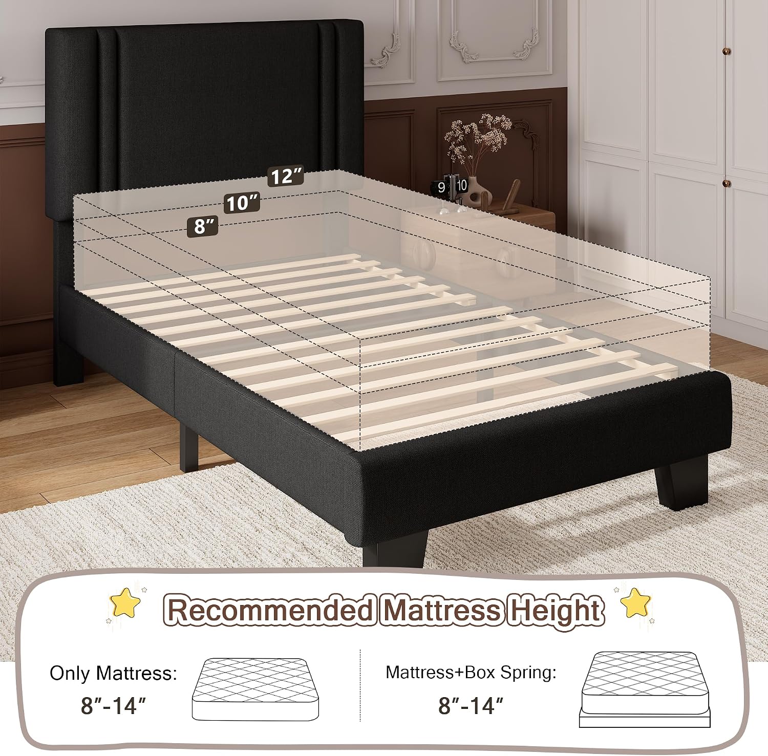 iPormis Twin Platform Bed Frame with Fabric Upholstered Headboard & Thickened Legs, Mattress Foundation with Solid Wooden Slats Support, No Box Spring Needed, Noise Free, Black