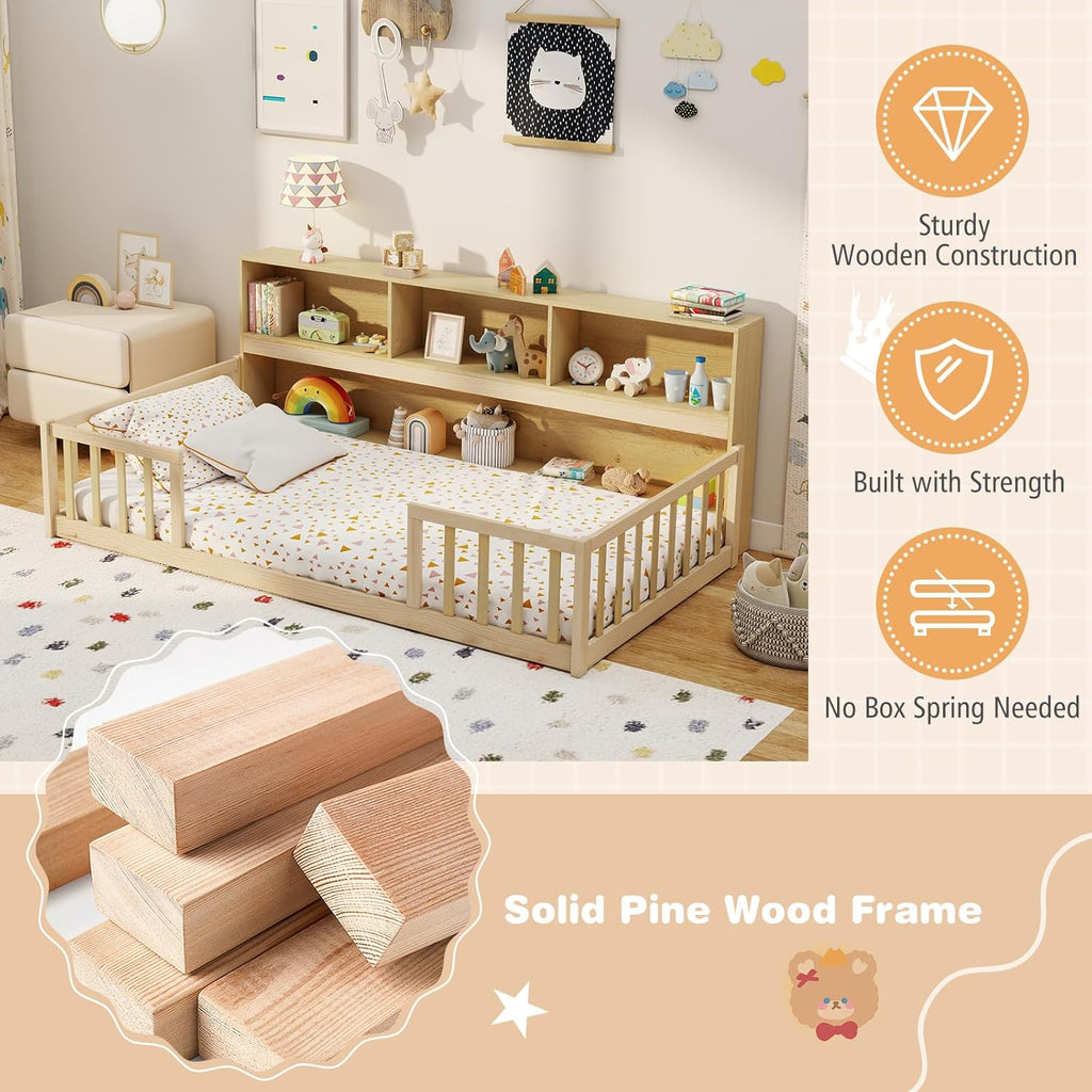 Giantex Twin Floor Bed for Kids, Wooden Montessori Bed Frame with Bookcase, Storage Shelves & Safety Fence Rails, Floor Beds Twin for Girls, Boys, No Box Spring Needed, Without Slats, Natural