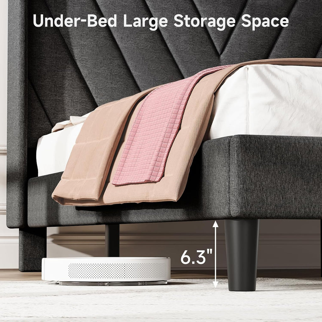 koorlian Full Size Bed Frame, Full Bed Frame with Headboard, Adjustable Upholstered Bed Frame with Type-C&USB Port, Wingback Storage Headboard, Noiseless, No Box Spring Needed, Dark Gray