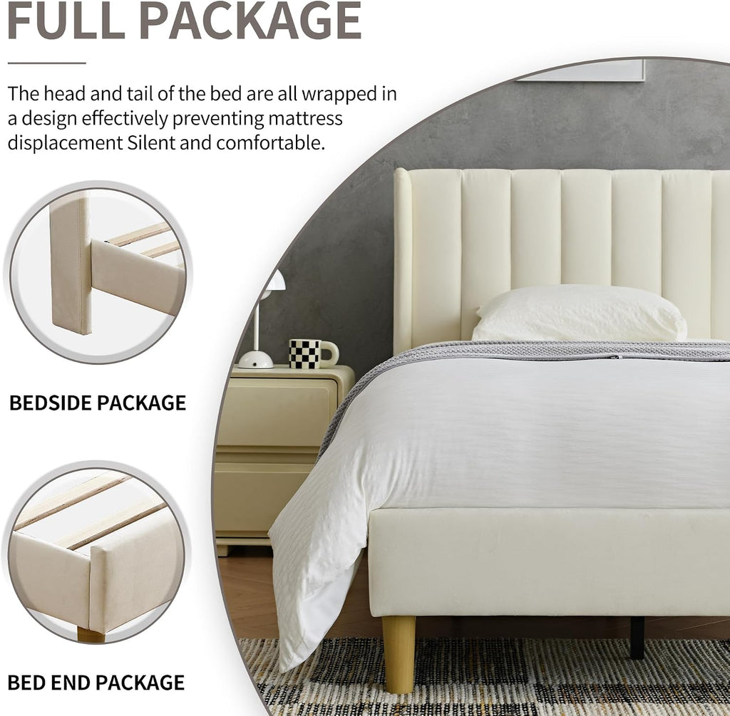 YUHUASHI upholstered Platform Bed Frame/Full Bed Frame/Modern Geometric Double-Wing Design headboard/Velvet Fabric/Easy to Assemble no Noise (Cream, Full)