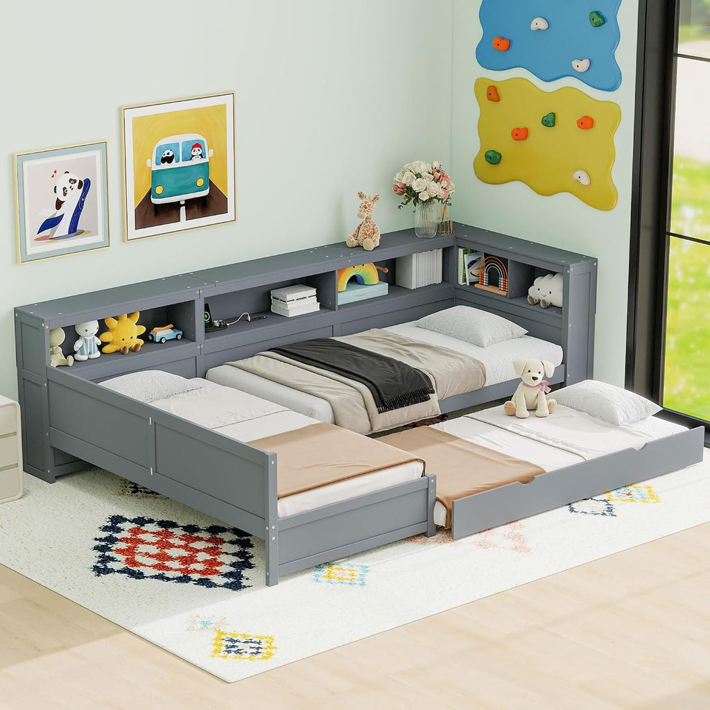 Ball & Cast Twin Size L-Shaped Platform Bed with Trundle and a Drawer,Wood Daybed Frame w/Charging Station & Slat Support,Space-Saving Bedroom Furniture for Dorm,Apartment,Grey