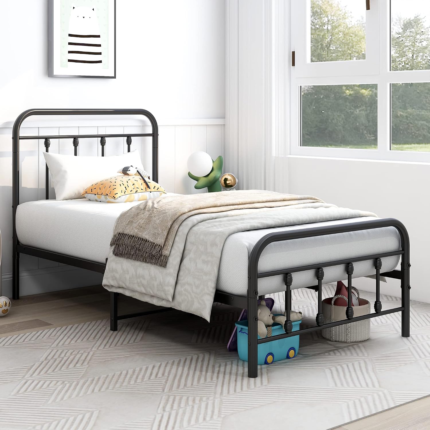 DUMEE Metal Twin Bed Frames with Vintage Headboard and Footboard Sturdy Premium Steel Slat Support No Box Spring Needed, Textured Black