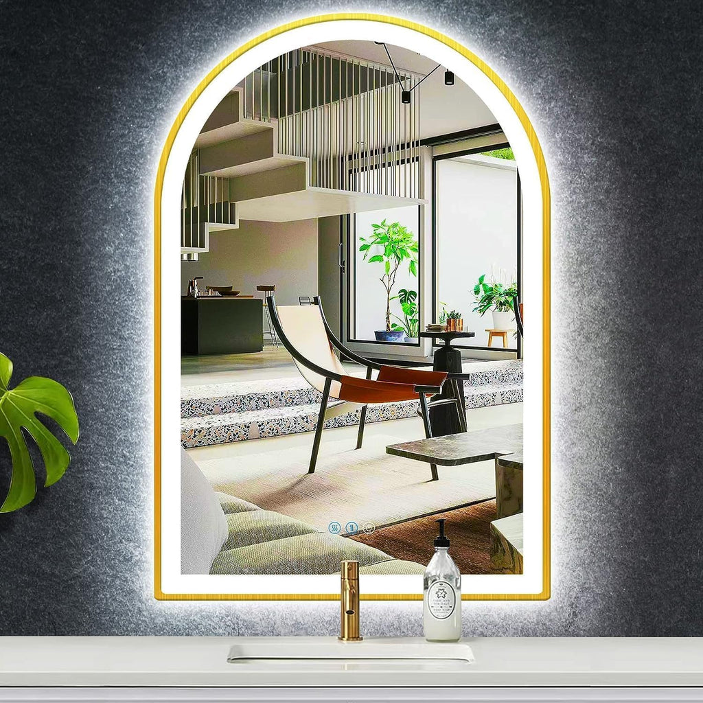 24 x 36 Inch Gold Arch Vanity Mirror with Lights 3 Color Dimmable Anti Fog 36' Gold Frame Arch LED Mirror for Bathroom Wall & Table Makeup Arched Lighted Mirrors