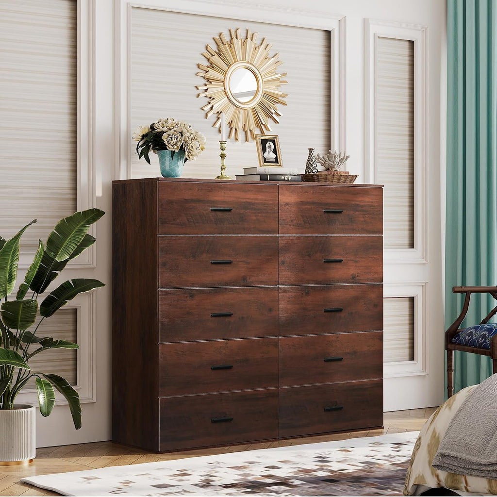 WLIVE Tall Dresser for Bedroom, Wood Chest of Drawers with Mental Handles, Brown Bedroom Dresser with 5 Drawers, Modern Minimalist Closet Store Organizer for Living Room, Hallway