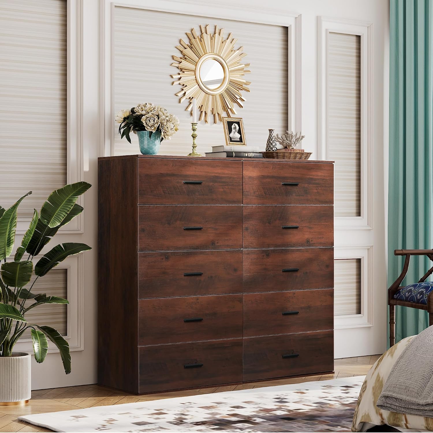 WLIVE Tall Dresser for Bedroom, Wood Chest of Drawers with Mental Handles, Brown Bedroom Dresser with 5 Drawers, Modern Minimalist Closet Store Organizer for Living Room, Hallway