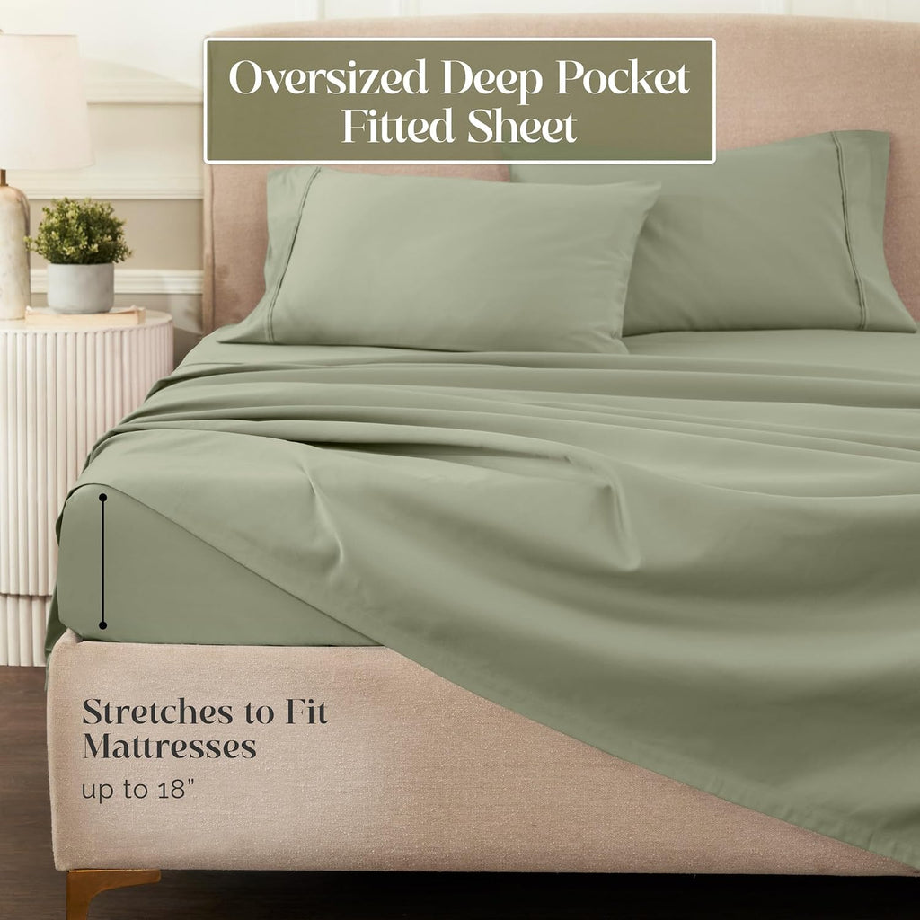 Superior 1200 Thread Count Egyptian Cotton Sheet Set, Bedroom Sheets, Modern Home Essentials, Luxury Bedding, 1 Elastic Deep Pocket Fitted Bed Sheet, 1 Flat Sheet, 2 Pillowcases, King, Sage