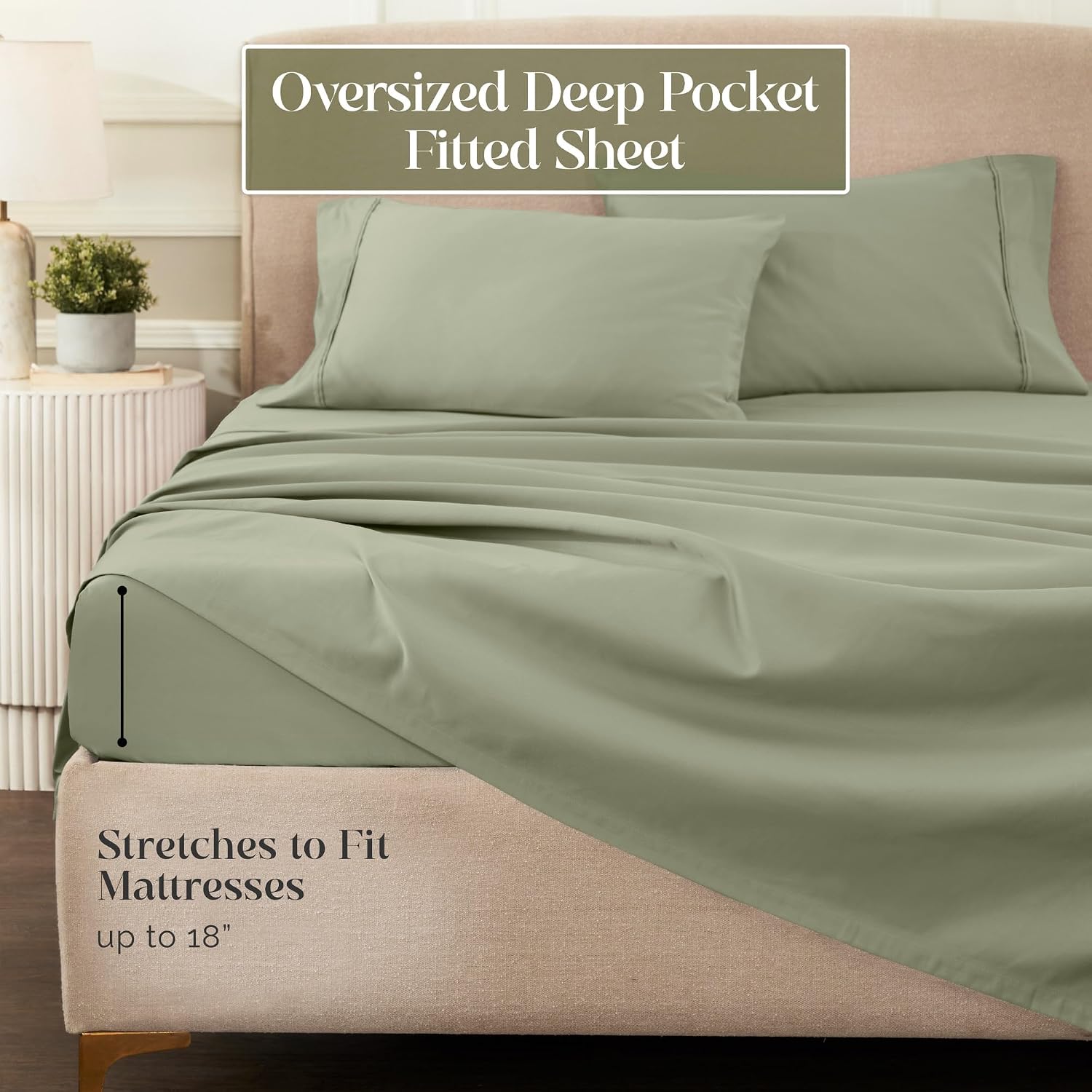 Superior 1200 Thread Count Egyptian Cotton Sheet Set, Bedroom Sheets, Modern Home Essentials, Luxury Bedding, 1 Elastic Deep Pocket Fitted Bed Sheet, 1 Flat Sheet, 2 Pillowcases, King, Sage