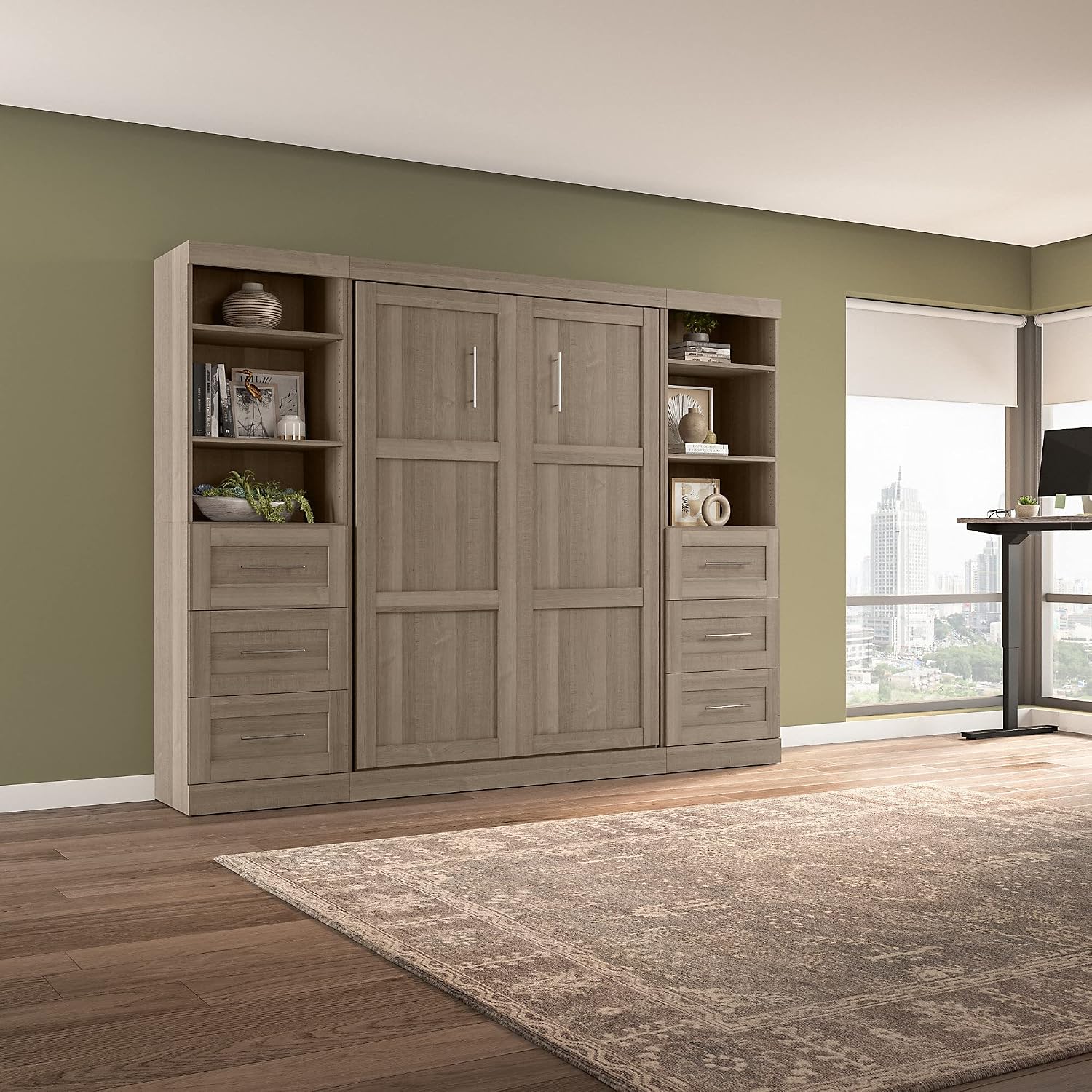 Bestar Pur Full Murphy Bed and 2 Shelving Units with Drawers, 109-inch Space-Saving Sleeping Arrangement in Ash Gray