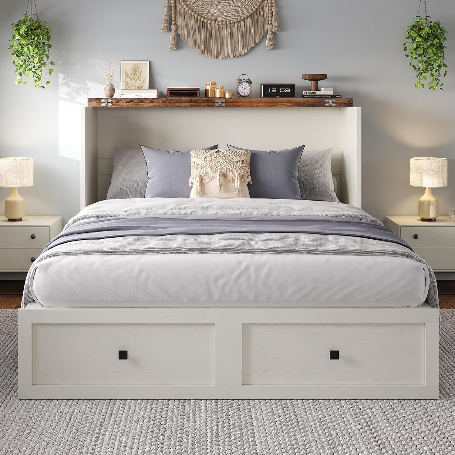 LUXOAK Full Size Murphy Bed with Charging Station, Cabinet Bed with Large Storage Drawer for Home Office or Small Room, Full Foldable Platform Bed, White