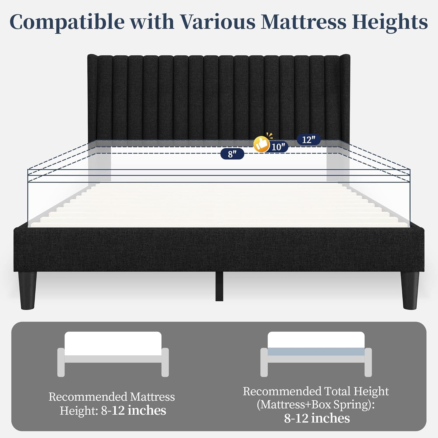 Yaheetech Queen Bed Frame Upholstered Platform Bed with Fabric Headboard, Wing Edge Design/Non-Slip and Noise-Free/Wooden Slats Support/No Box Spring Needed/Easy Assembly, Black Queen Bed