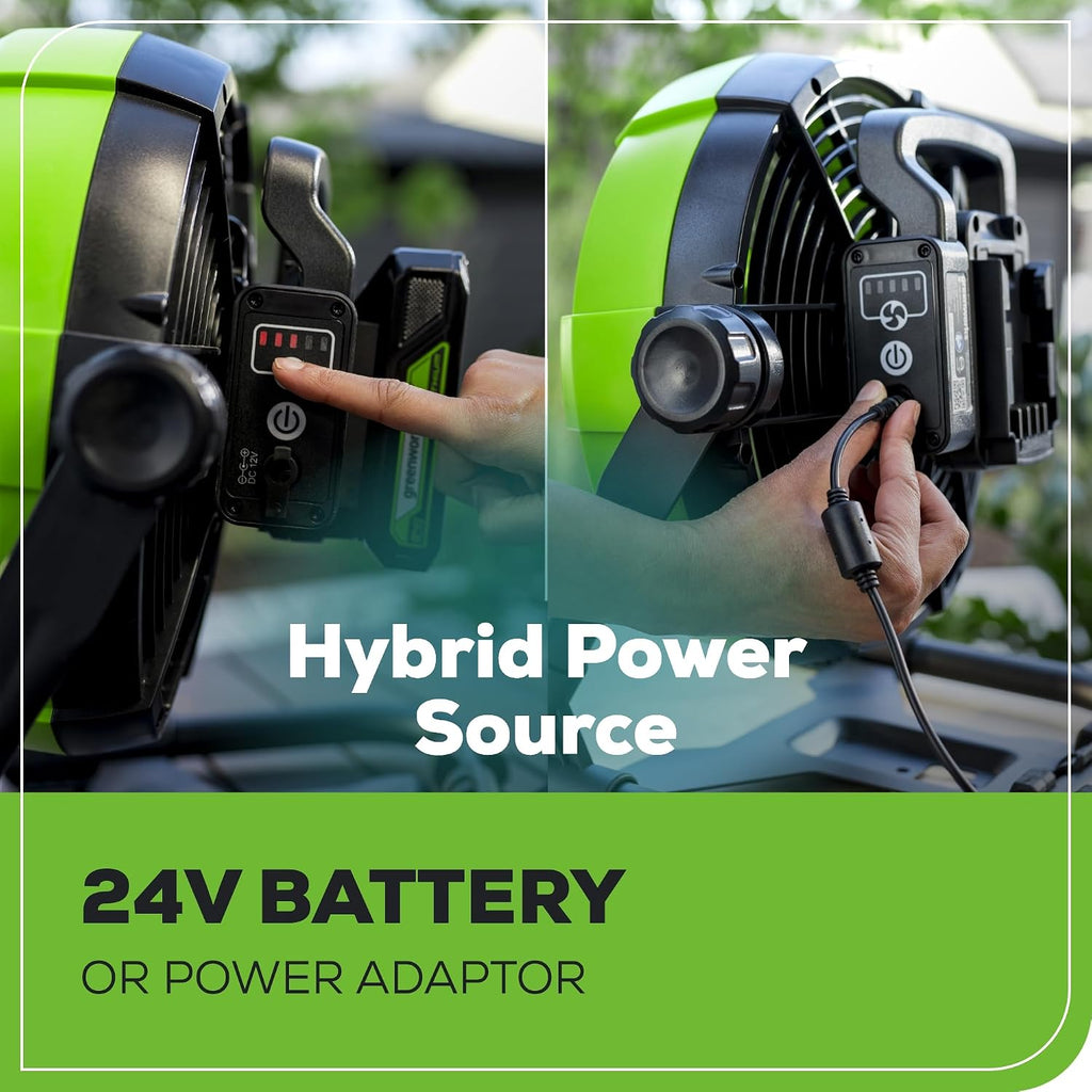 Greenworks 24V 10' (5-Speed) Fan (500 CFM), Hybrid (AC / DC), 2.0 Ah USB (Power Bank) Battery and Charger Included