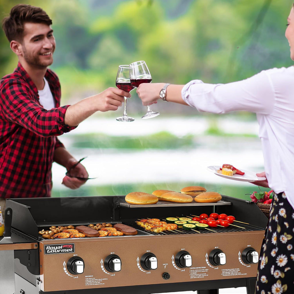 GD601Y 6-Burner Gas Grill and Griddle Combo, Large Cooking Capacity Propane Grill & Griddle 2-in-1, 78,000 BTU Output for Back Yard, Garden, Family Party, BBQ, Yellow