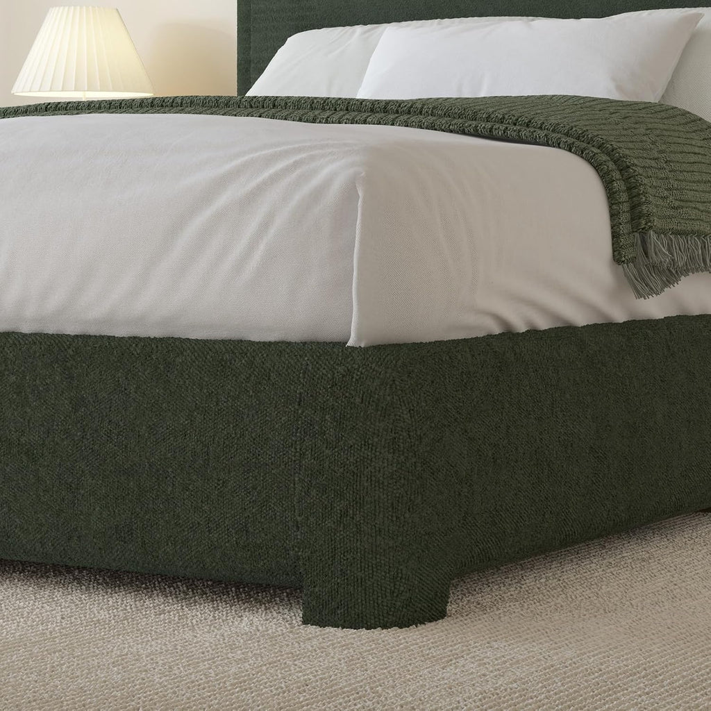 BarnFurin Queen Bed Frame with Headboard, Boucle Upholstered Platform Bed with Wood Slats, Soft Rounded Corners, No Box Spring Required, Non-Slip and Noise-Free, Easy Assembly, Green