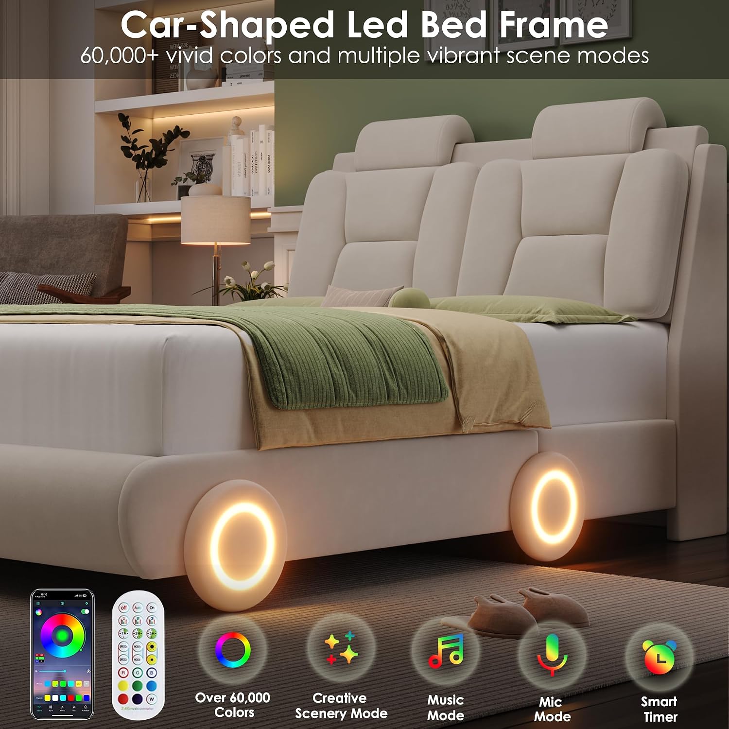 Keyluv Queen Led Car Bed Frame with Wheels Decor & Adjustable Curved Headboard Modern Upholstered Platform Bed with Detachable Pillows Solid Wooden Slats Support No Box Spring Needed, Velvet Beige