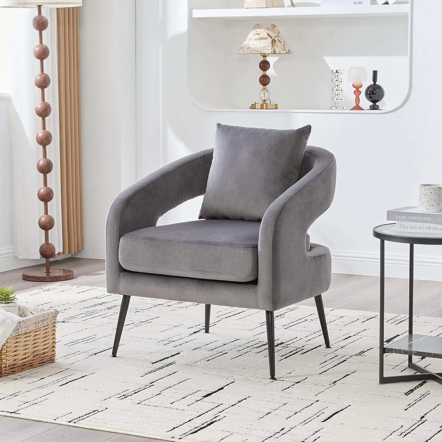Modern Minimalist Style Open Back Accent Chair,Velvet Barrel Dining Chair with Metal Legs,Comfortable Upholstered Single Sofa for Living Room,Bedroom,Reception,Dining Room,Charcoal