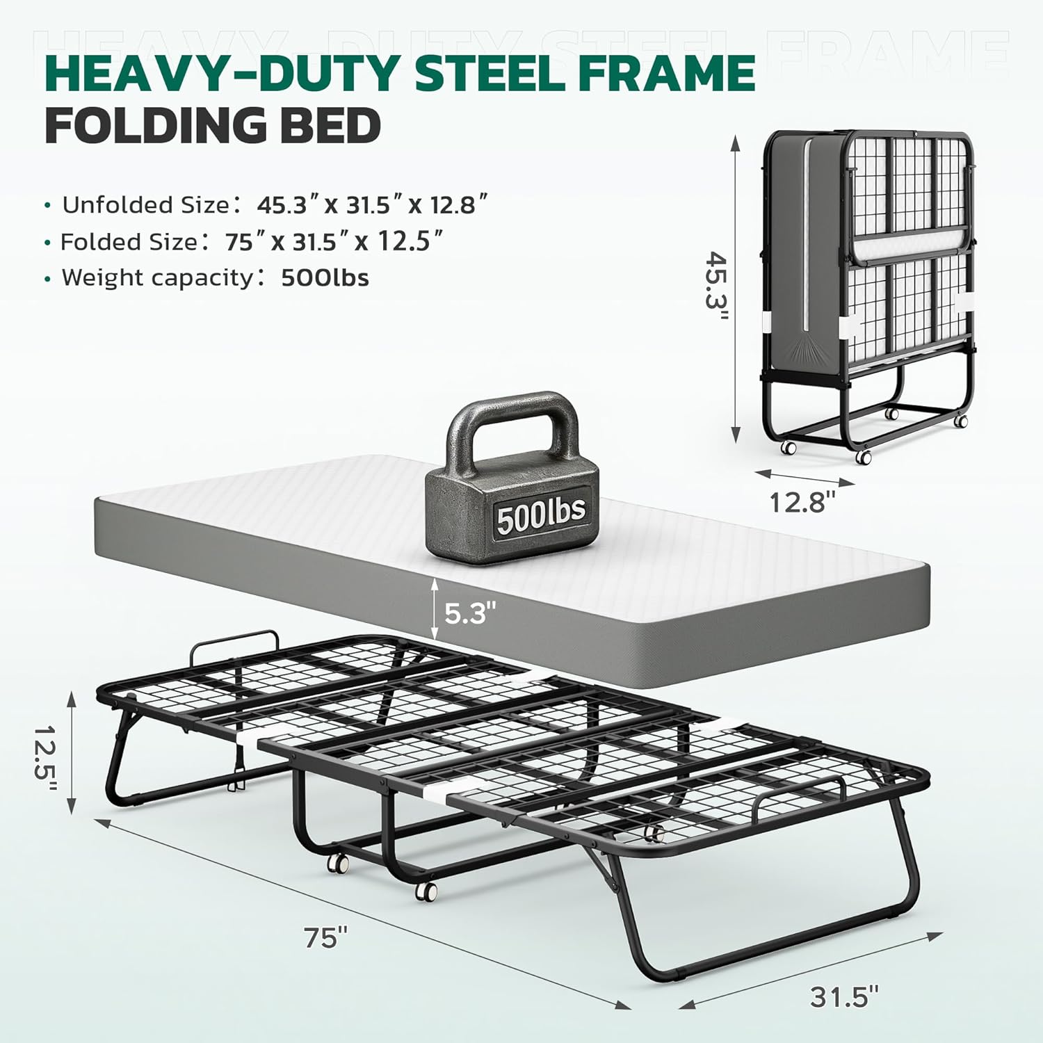 Greenvelly Folding Bed with 5 Inch Mattress, 75' x 31' Portable Rollaway Bed with Memory Mattress, Foldable Bed with Metal Frame for Adults,Guest,Space-Saving