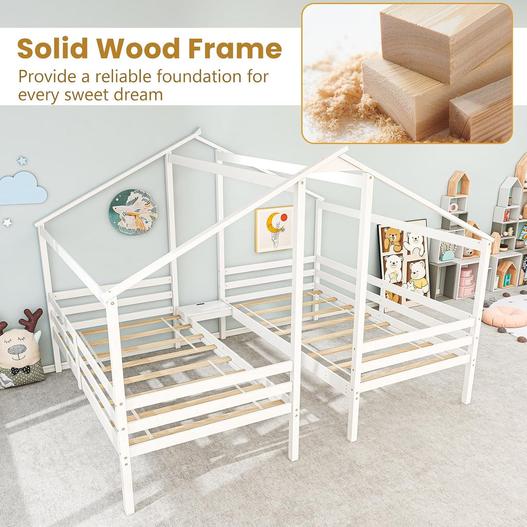 Giantex Double Twin Bed Frames for Kids, Wood House Shaped Platform with Built-in Nightstand & USB Port, 2 Shared Beds for Teens, Boys & Girls, White