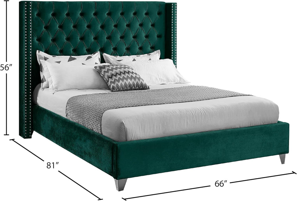 Meridian Furniture Aiden Collection Modern | Contemporary Velvet Upholstered Bed with Deep Button Tufting, Solid Wood Frame, and Custom Chrome Legs, Full, Green
