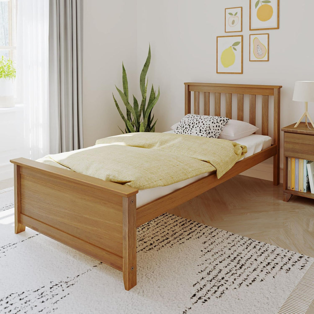 Max & Lily Twin Bed Frame with Slatted Headboard, Solid Wood Platform Bed for Kids, No Box Spring Needed, Easy Assembly, Pecan