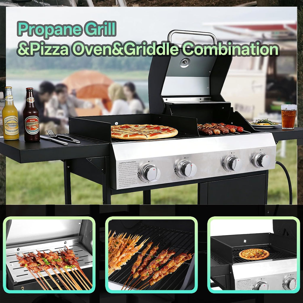 Endark 49,200 BTU 4-Burner Multi-Function Stainless Steel BBQ Grill - For Outdoor Cooking, Patio Backyard Barbecue, Camping - Griddle Combo for BBQ,FRYING and PIZZA