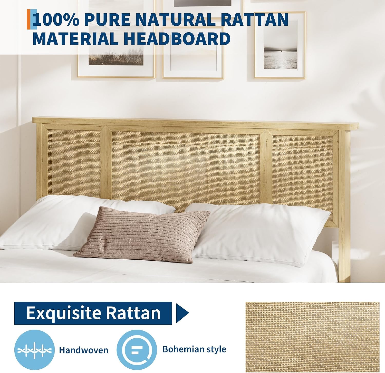 IDEALHOUSE Full Bed Frame with Natural Rattan Headboard, Slats, Bohemian-Style Cane Mattress Support, Strong Metal Base with Resilient Wooden, No Box Spring Needed