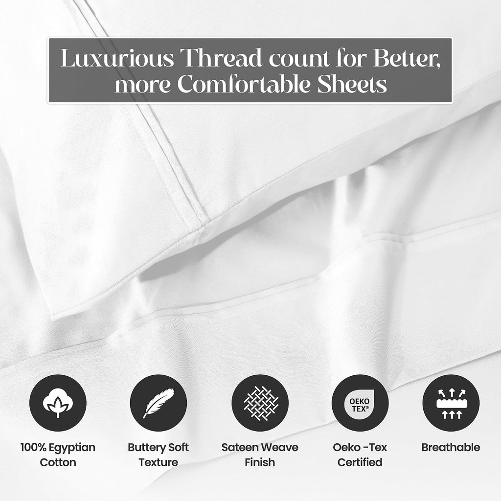 Superior 1200 Thread Count Egyptian Cotton Sheet Set, Bedroom Sheets, Modern Home Essentials, Luxury Bedding, 1 Elastic Deep Pocket Fitted Bed Sheet, 1 Flat Sheet, 2 Pillowcases, Queen, White