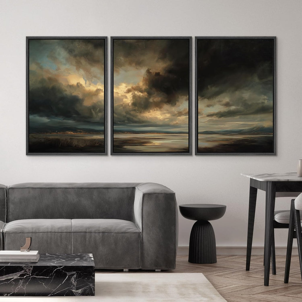SIGNWIN Framed Canvas Print Wall Art Set Dramatic Stormy Sky Golden Light Coastal Landscape Illustrations Modern Art Decorative Scenic Rustic for Living Room, Bedroom, Office - 24'x36'x3 Black