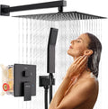 12 Inch Rainfall Shower System - Wall Mounted Complete Combo with Solid Brass Pressure Balancing Valve, High Pressure Shower Head, Handle Set & Installation Accessories Matte Black