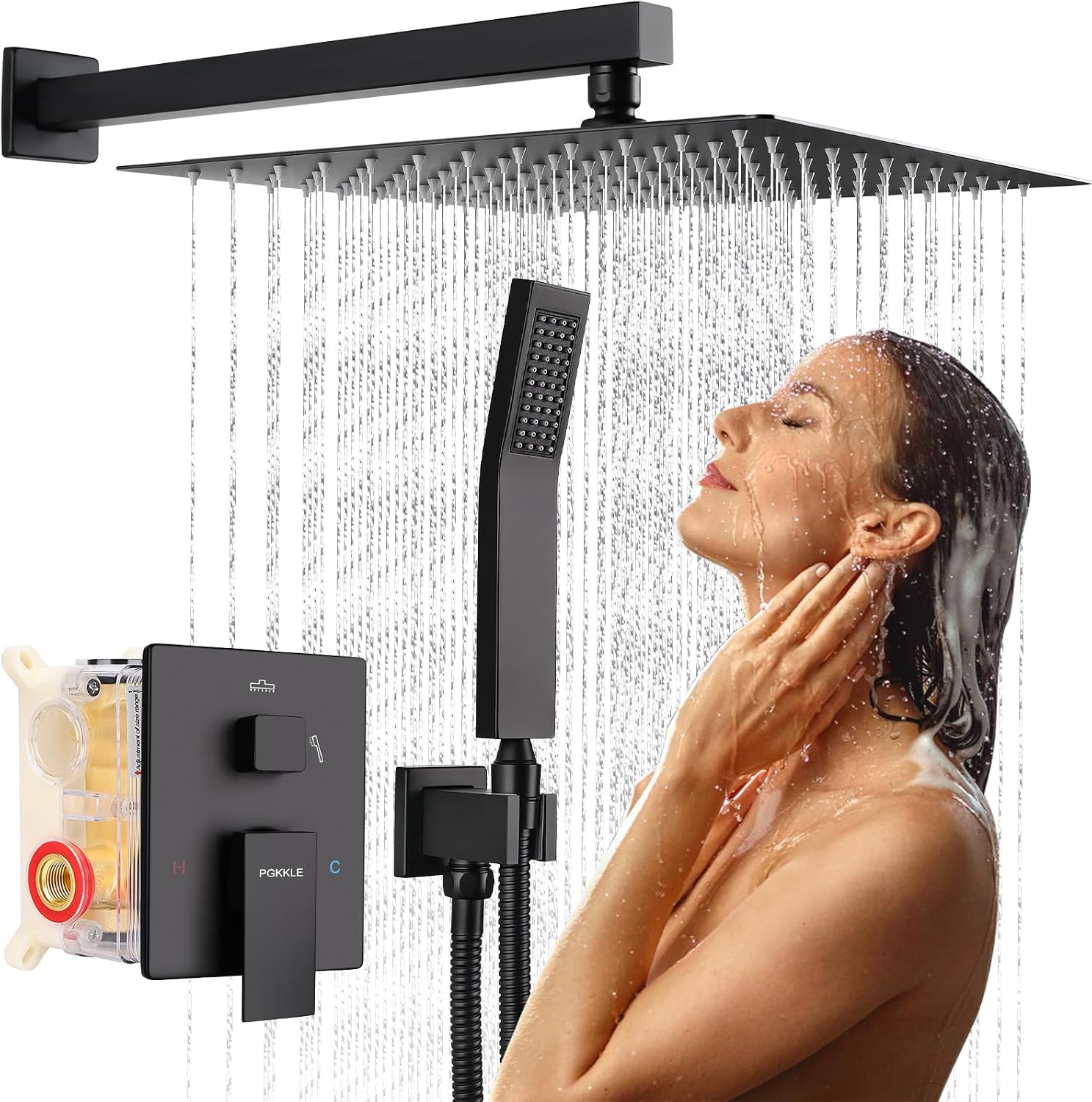 12 Inch Rainfall Shower System - Wall Mounted Complete Combo with Solid Brass Pressure Balancing Valve, High Pressure Shower Head, Handle Set & Installation Accessories Matte Black