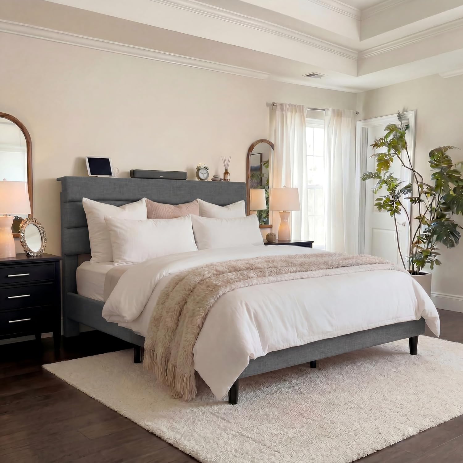 EnHomee Queen Bed Frame with Adjustable Height Upholstered Headboard, 3 USB Charging Ports, Noise-Free Platform Bed, No Box Spring Needed, Grey
