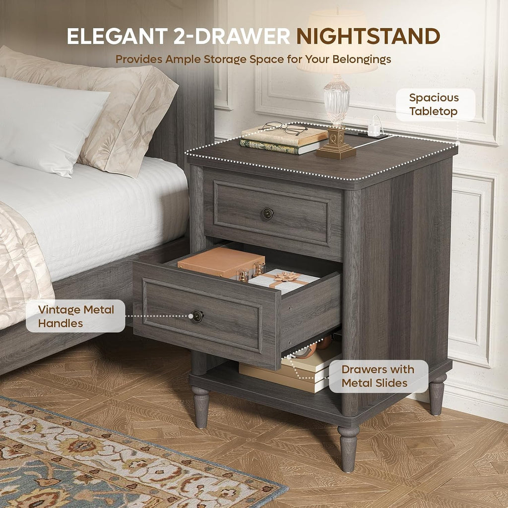 Bestier Nightstand Set of 2, 26.7' Farmhouse Night Stand with Chargeing Station, Wood Modern Nightstand with 2 Drawers & Shelf, Bed Side Table with Outlets & Ports, End Table for Bedroom, Black
