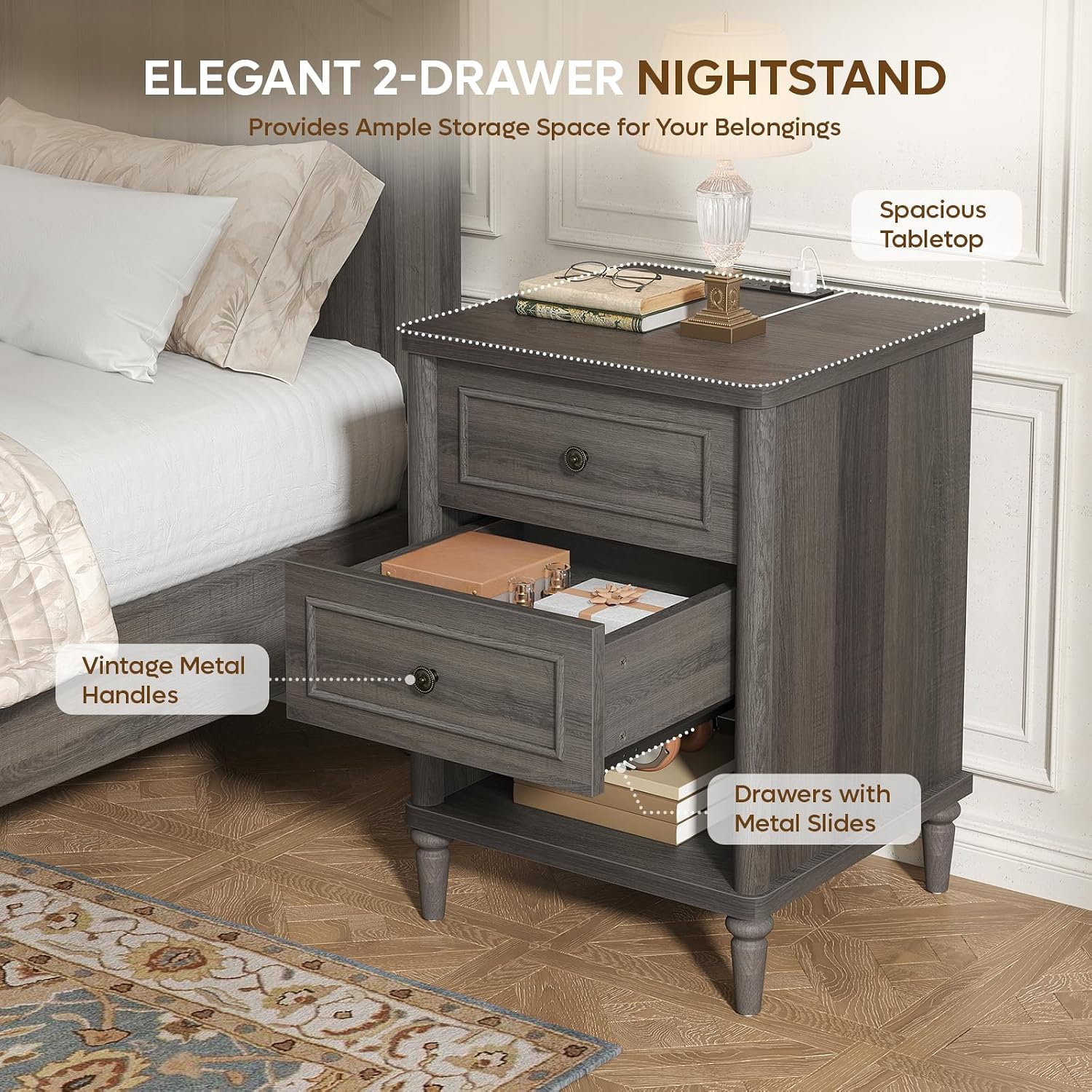 Bestier Nightstand Set of 2, 26.7' Farmhouse Night Stand with Chargeing Station, Wood Modern Nightstand with 2 Drawers & Shelf, Bed Side Table with Outlets & Ports, End Table for Bedroom, Black