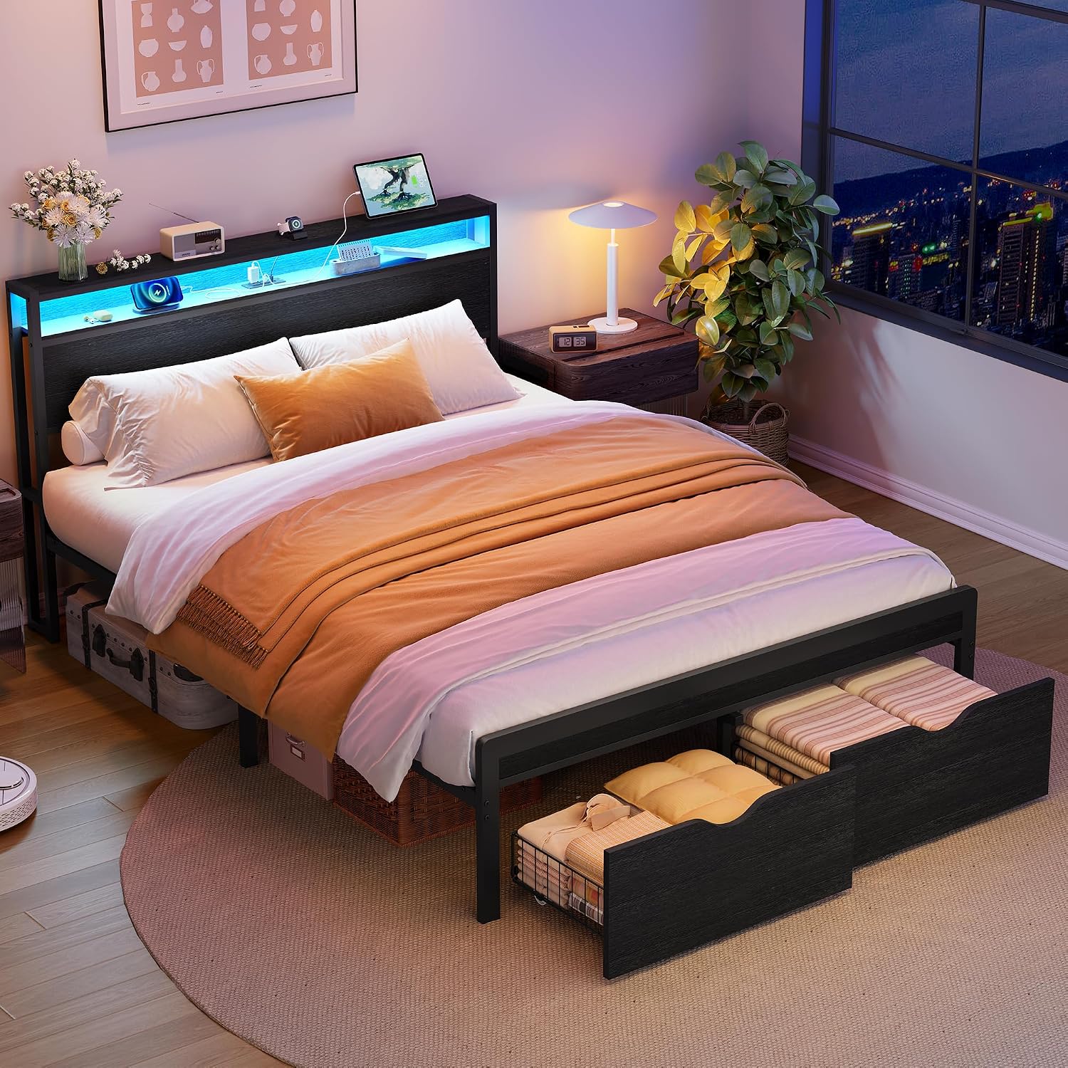 FAVOOSTY Queen Bed Frame with 2-Tier Headboard, Metal Platform with 2 Storage Drawers, LED Lights and Charging Station, Noise Free, No Box Spring Needed, Easy Assembly, Black