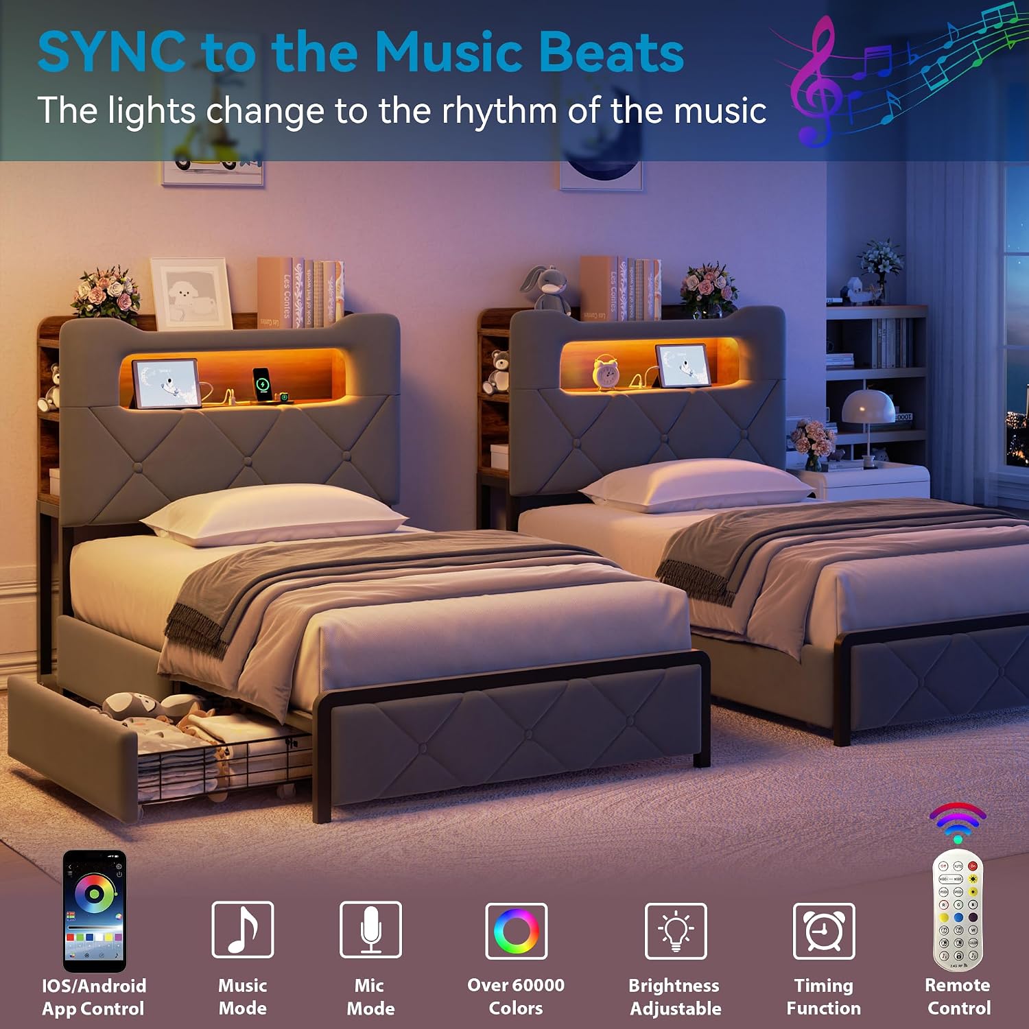 Jocoevol Twin Upholstered LED Bed Frame with 2 Storage Drawers and 2-Tier Storage Bookcase Headboard, Velvet Platform Bed for Kids/Girls/Boys, Heavy Duty Metal Support, No Box Spring Needed, Grey
