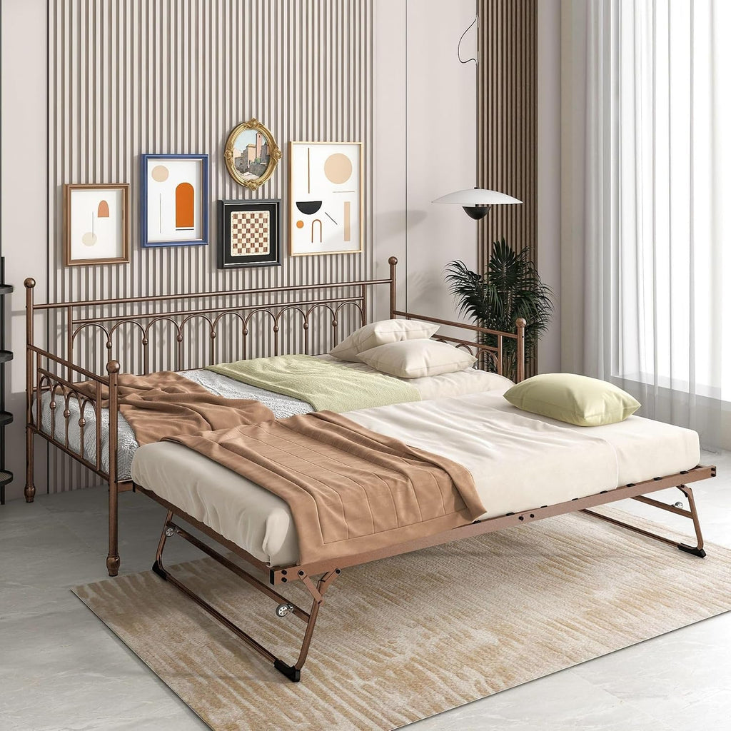 Metal Twin Daybed with Trundle, Stylish Day Bed with Trundle Bed Twin, Versatile Daybeds and Fold-Up Trundle Set for Guest Room, Home Office Twin Trundle Bed Frame,Bronze