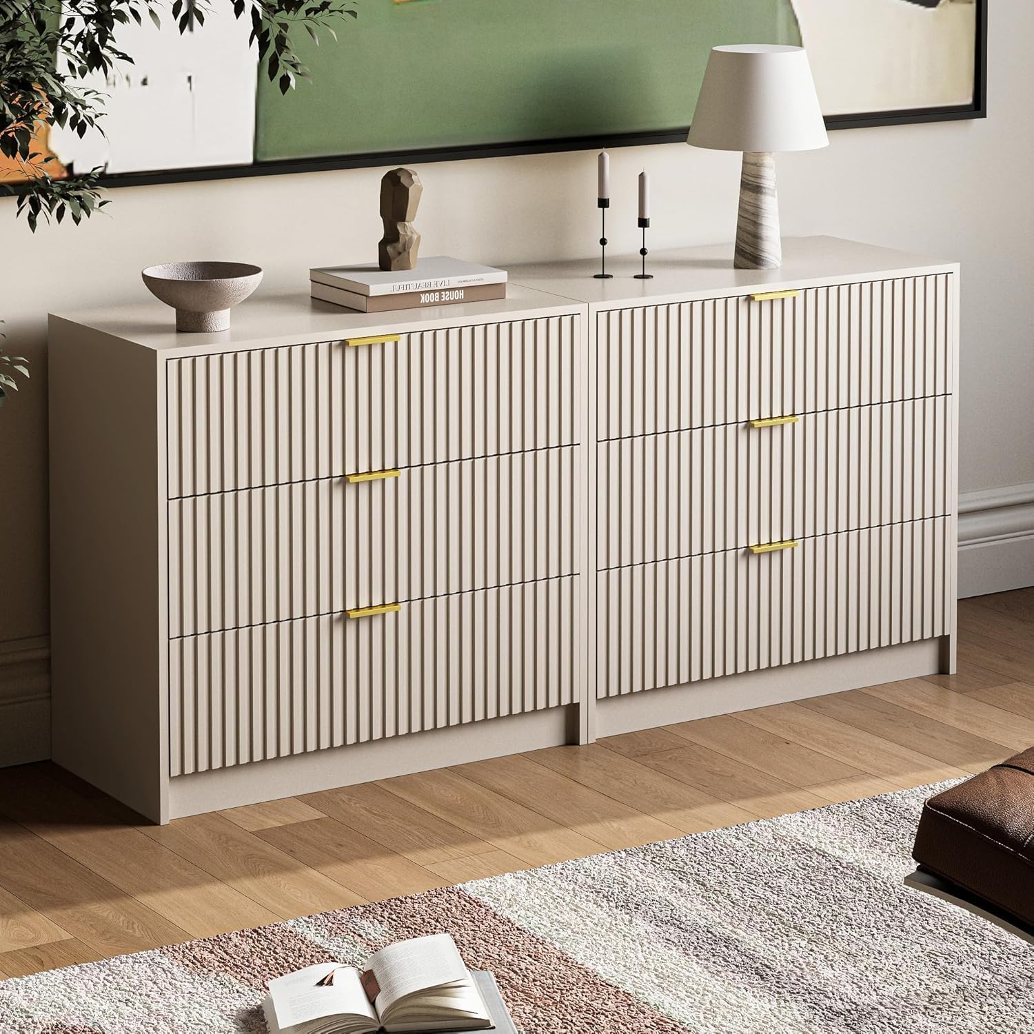 MAISONARIA 3-Piece Dresser Bedroom Set, 5 Drawer Dresser & 3 Drawer Nightstands with Gold Handles, Fluted Wood Chest of Drawers for Bedroom, Living Room, Entryway, Beige