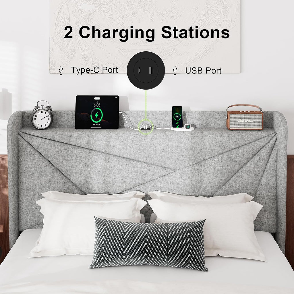 Feonase Full Bed Frame with Charging Station, Linen Upholstered Platform Bedframe with Wingback Headboard, Solid Wood Slats Support, Noise Free, No Box Spring Needed, Light Grey