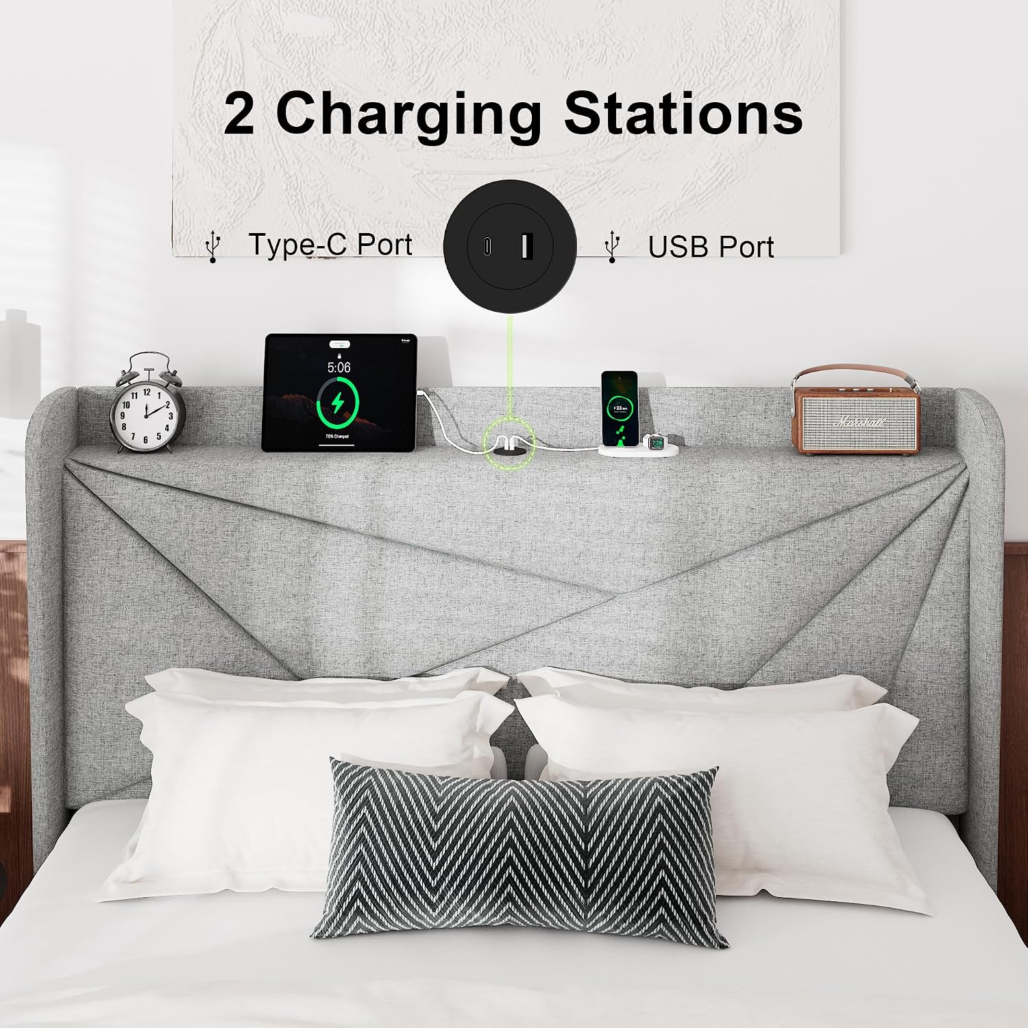 Feonase Full Bed Frame with Charging Station, Linen Upholstered Platform Bedframe with Wingback Headboard, Solid Wood Slats Support, Noise Free, No Box Spring Needed, Light Grey