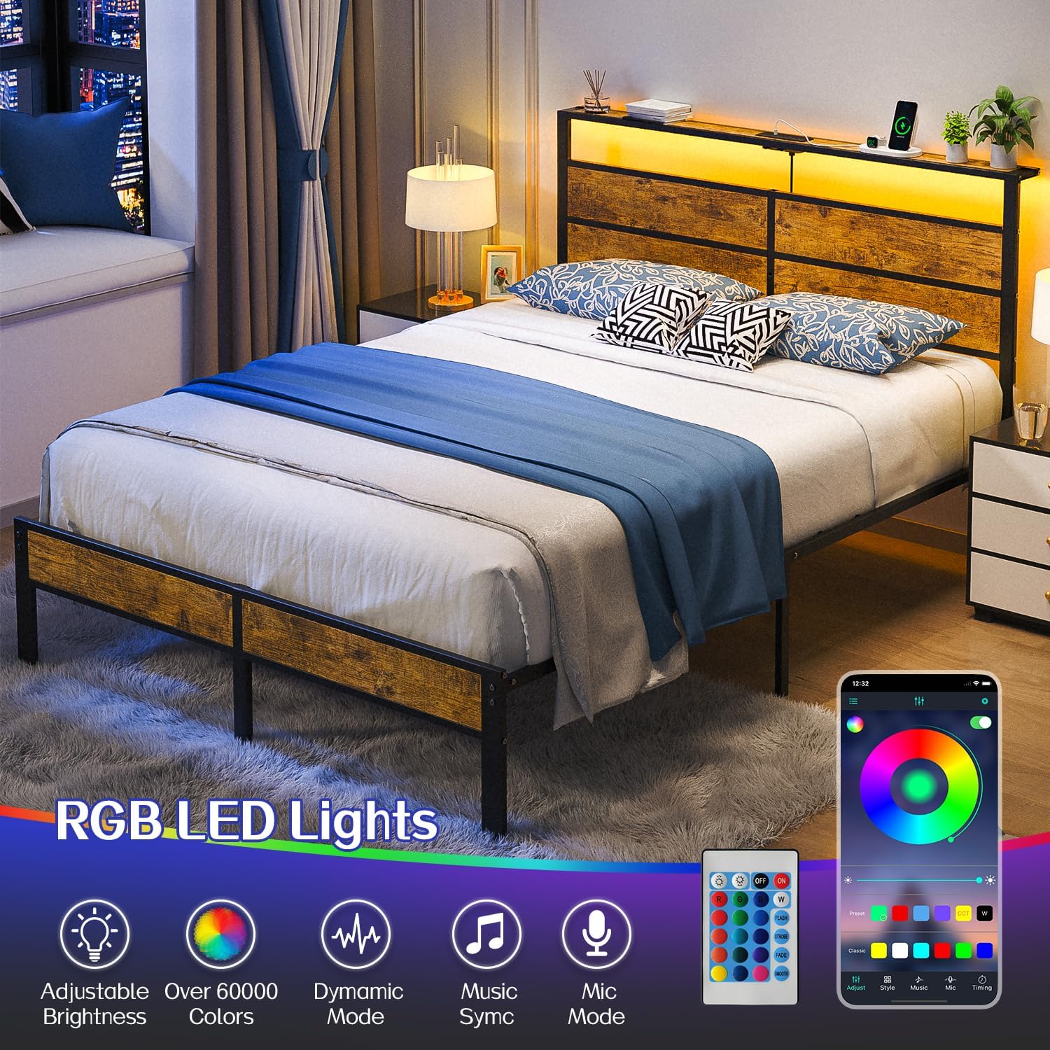 Liians Full Metal Bed Frame with USB Charging Station, Headboard Storage, LED Lights, Noise-Free Design, No Box Spring Needed Visit the Store