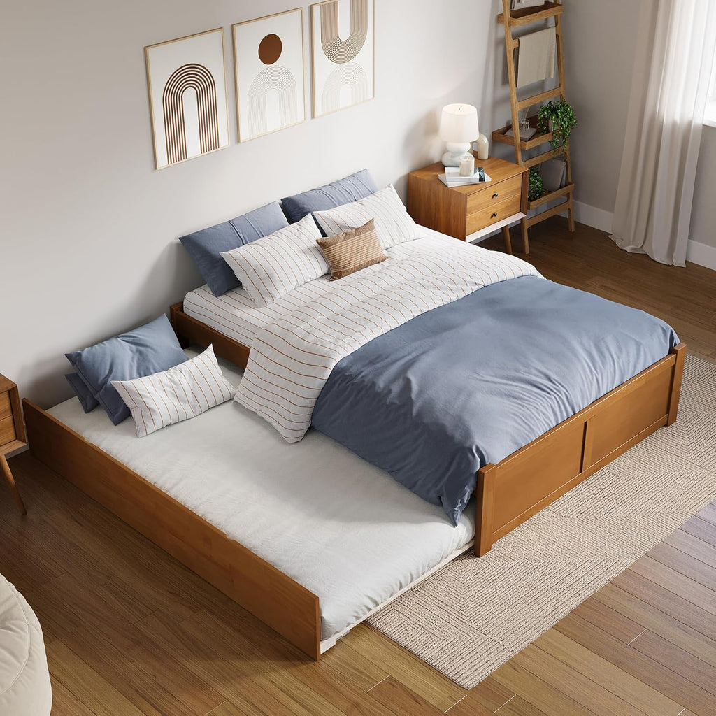 AFI Concord Full Solid Wood Platform Bed with Footboard & Twin Trundle in Light Toffee