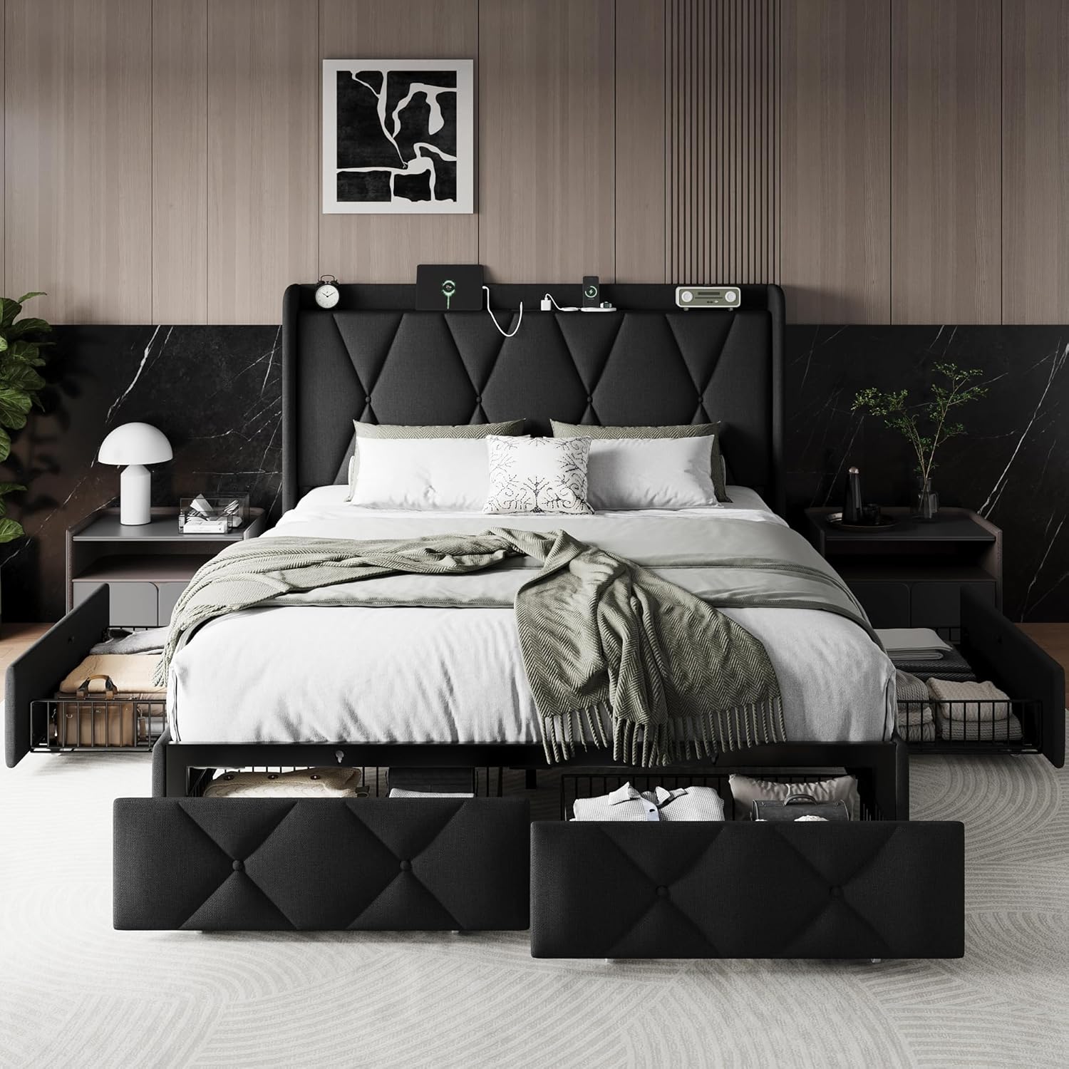 Einhomn Full Size Bed Frame with 4 Storage Drawers and Charging Station, Upholstered Platform Bed Frame with Storage Headboard, No Box Spring Needed, Easy Assembly, Black