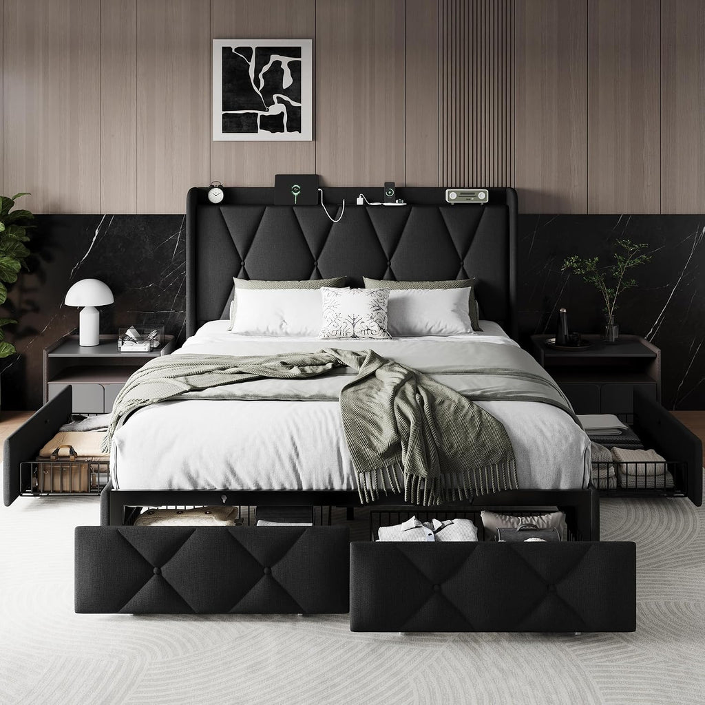 Einhomn Queen Bed Frame with 4 Storage Drawers and Charging Station, Upholstered Platform Bed Frame with Storage Headboard, No Box Spring Needed, Easy Assembly, Black