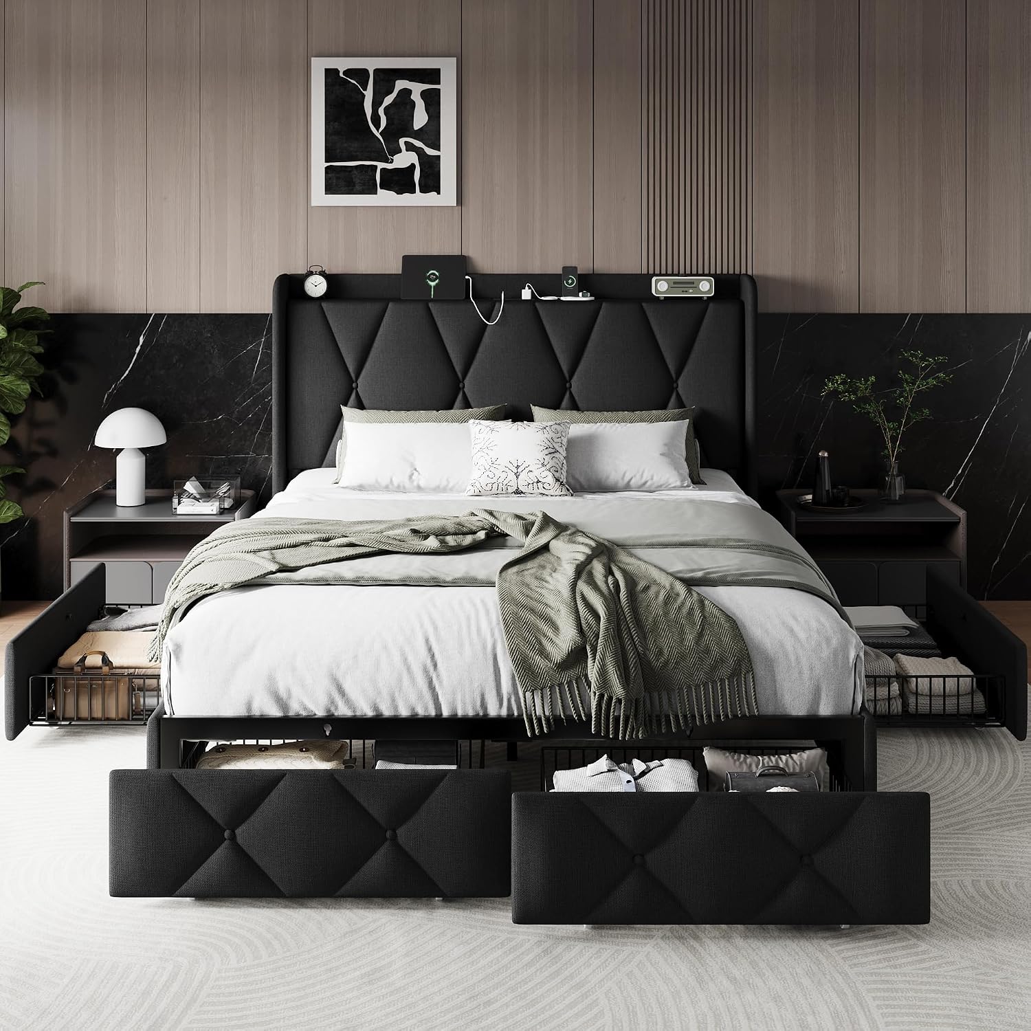 Einhomn Queen Bed Frame with 4 Storage Drawers and Charging Station, Upholstered Platform Bed Frame with Storage Headboard, No Box Spring Needed, Easy Assembly, Black