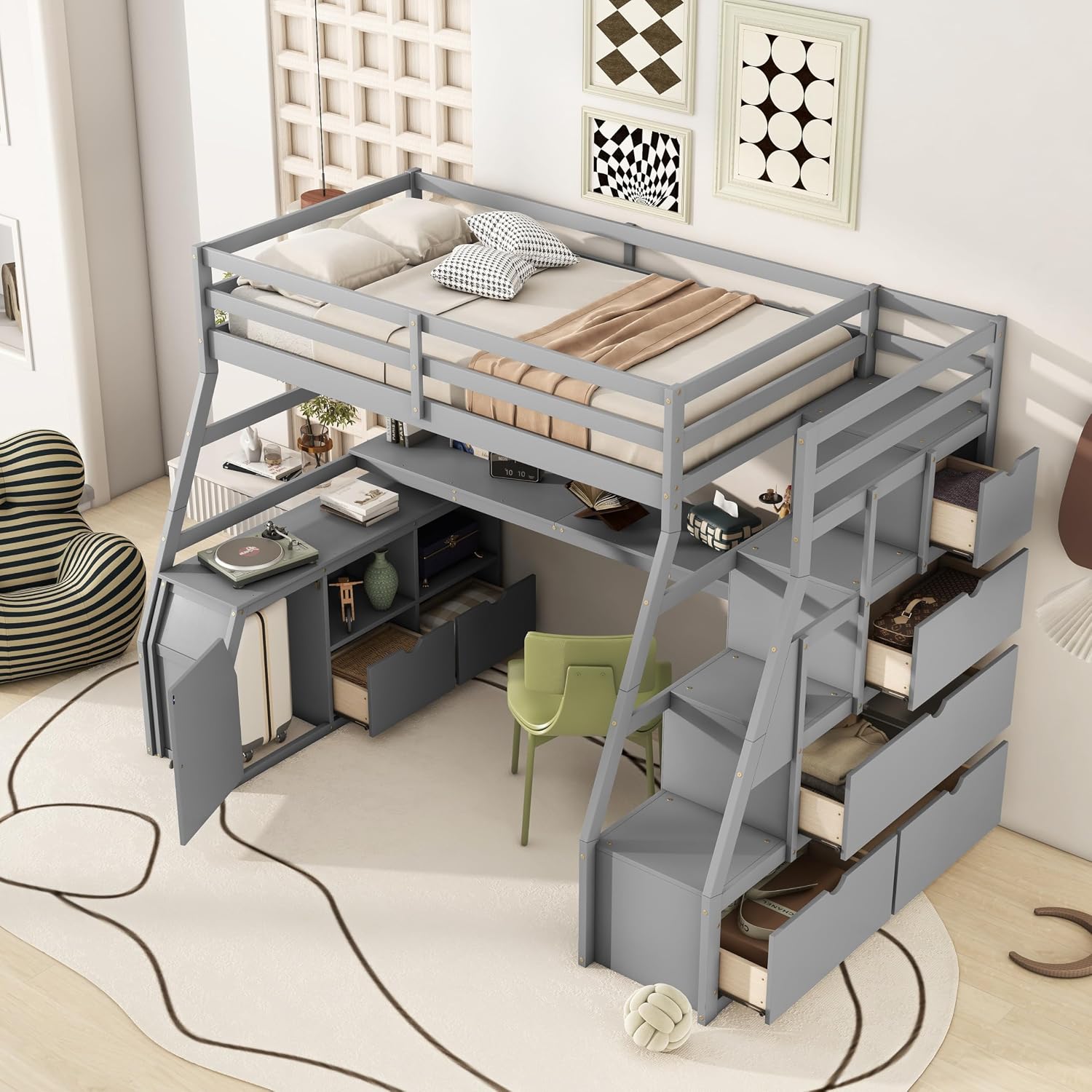 Bellemave Twin Size Loft Bed with Stairs and Desk, Wood Loft Beds with Cabinet and 7 Drawers, High Loft Bed Frame with Shelves and Step for Kids, Teen, Boys, Girls, Grey