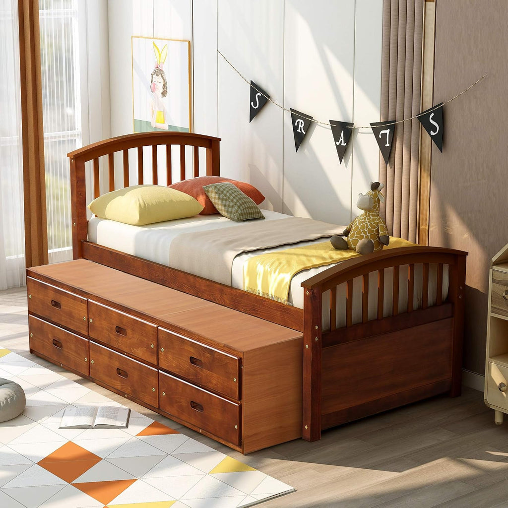 SOFTSEA Twin Captains Bed with 6 Drawers, Wood Storage Bed Frame with Headboard and Footboard for Bedroom, Twin Size Platform Bed for Kids, No Box Spring Needed (Walnut)