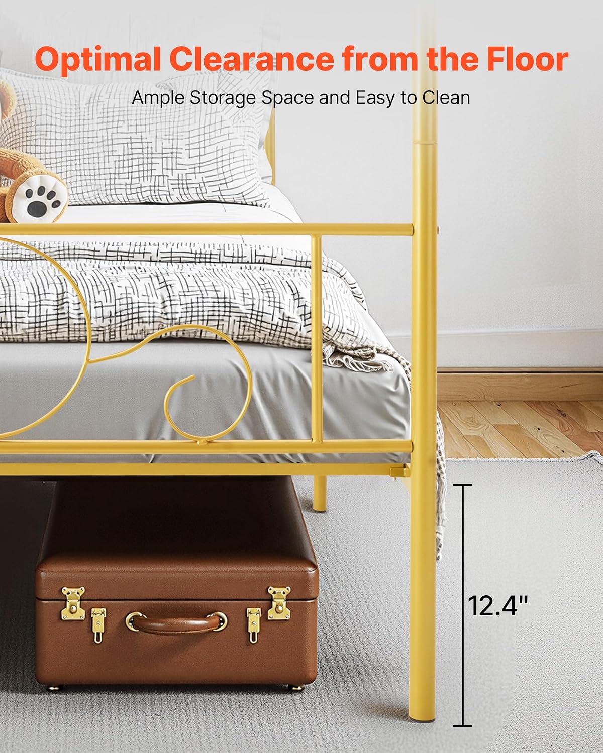 VEVOR Canopy Bed Frame Full Size, Metal Canopy Bed with Minimalist Headboard & Four Posters Design, Heavy Duty Steel Slats Support, Underbed Storage Space, No Box Spring Needed, Easy Assembly, Gold