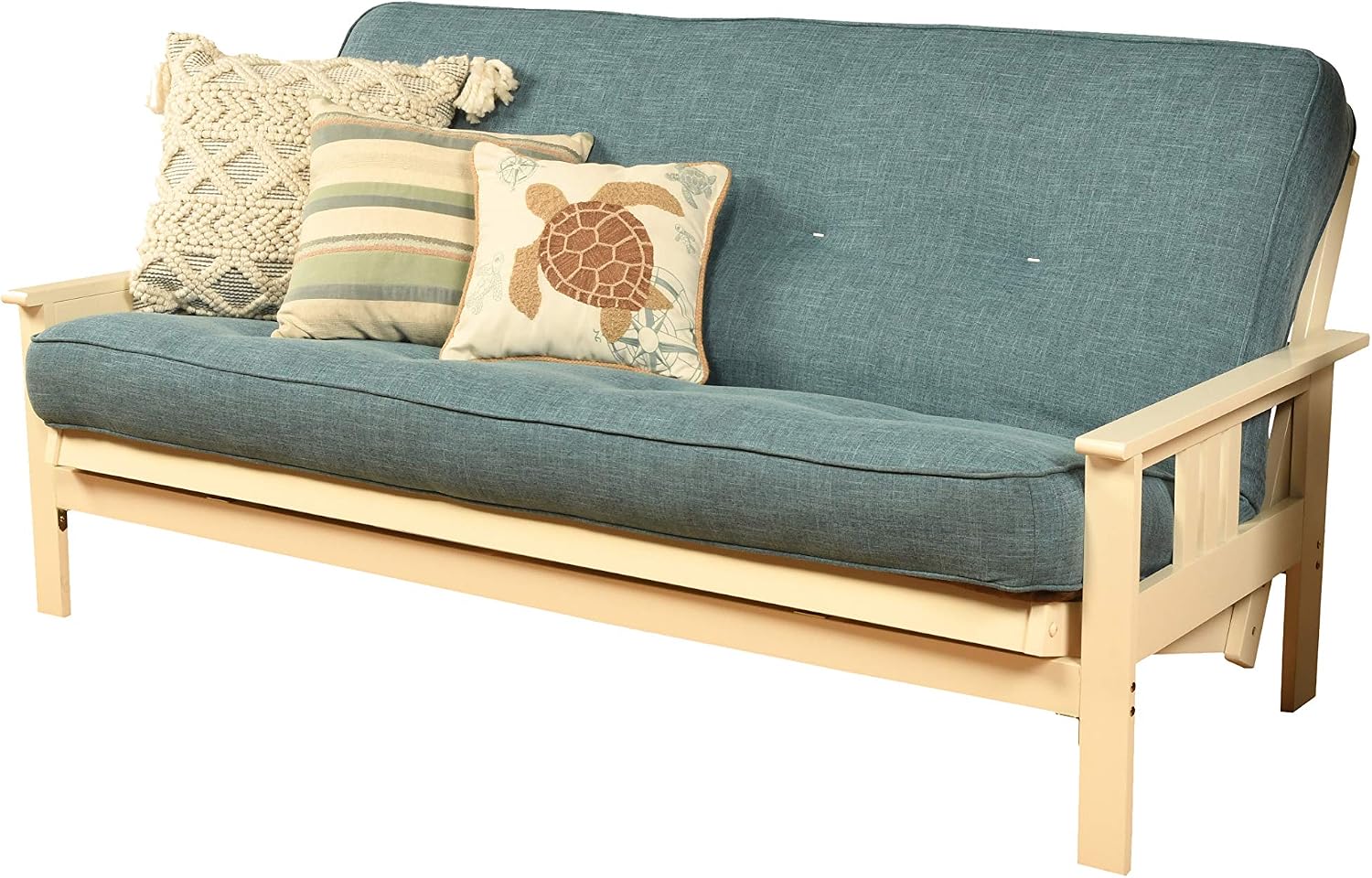 Kodiak Furniture Monterey Futon Set, No Drawers, with Antique White Base and Linen Aqua Mattress