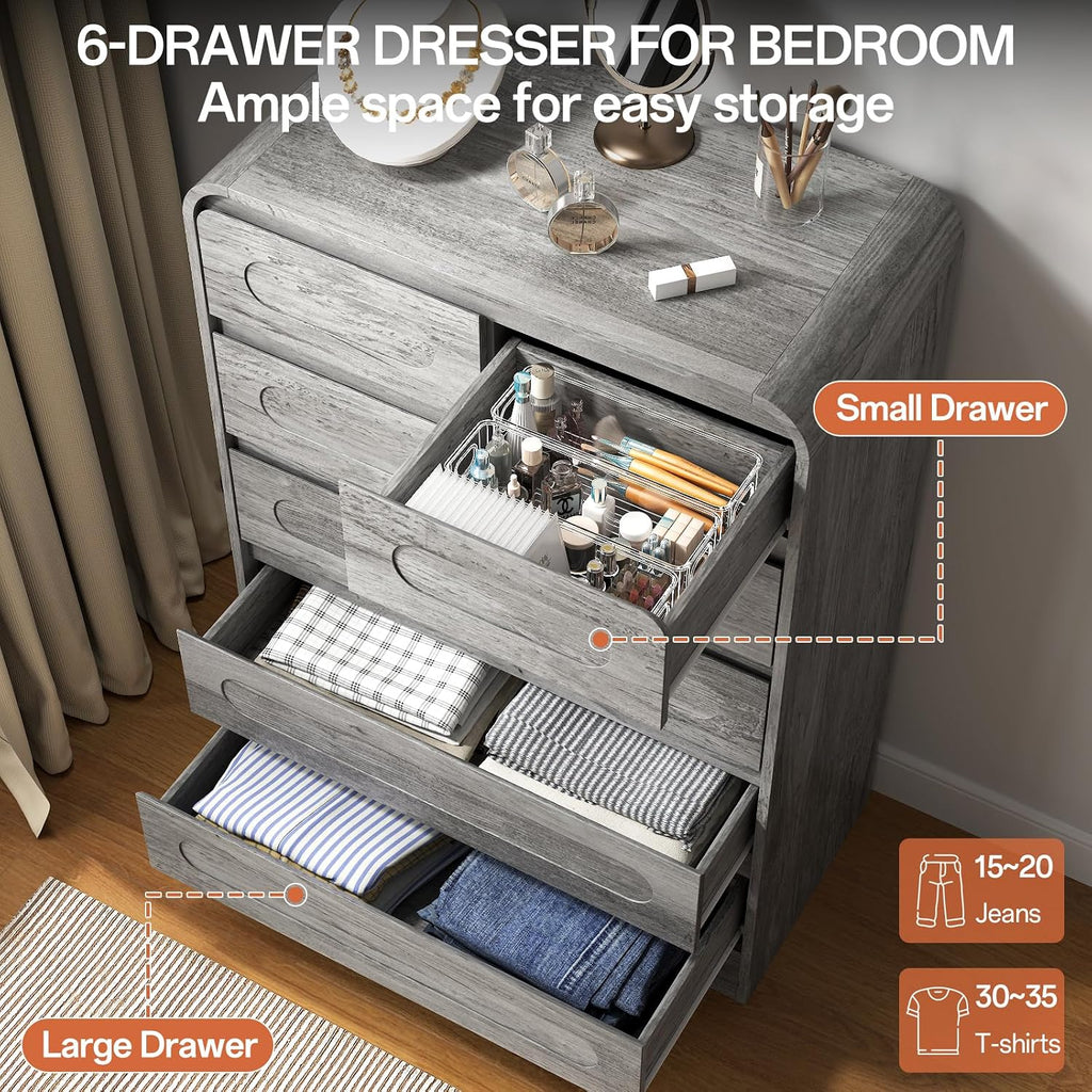 3 Piece Bedroom Set, Dresser and Nightstand Sets for Bedroom, Wood 6 Drawer Dresser & Night Stand Set of 2, Tall Chest of Drawers Modern Storage Cabinet Bedroom Furniture Set, Grey