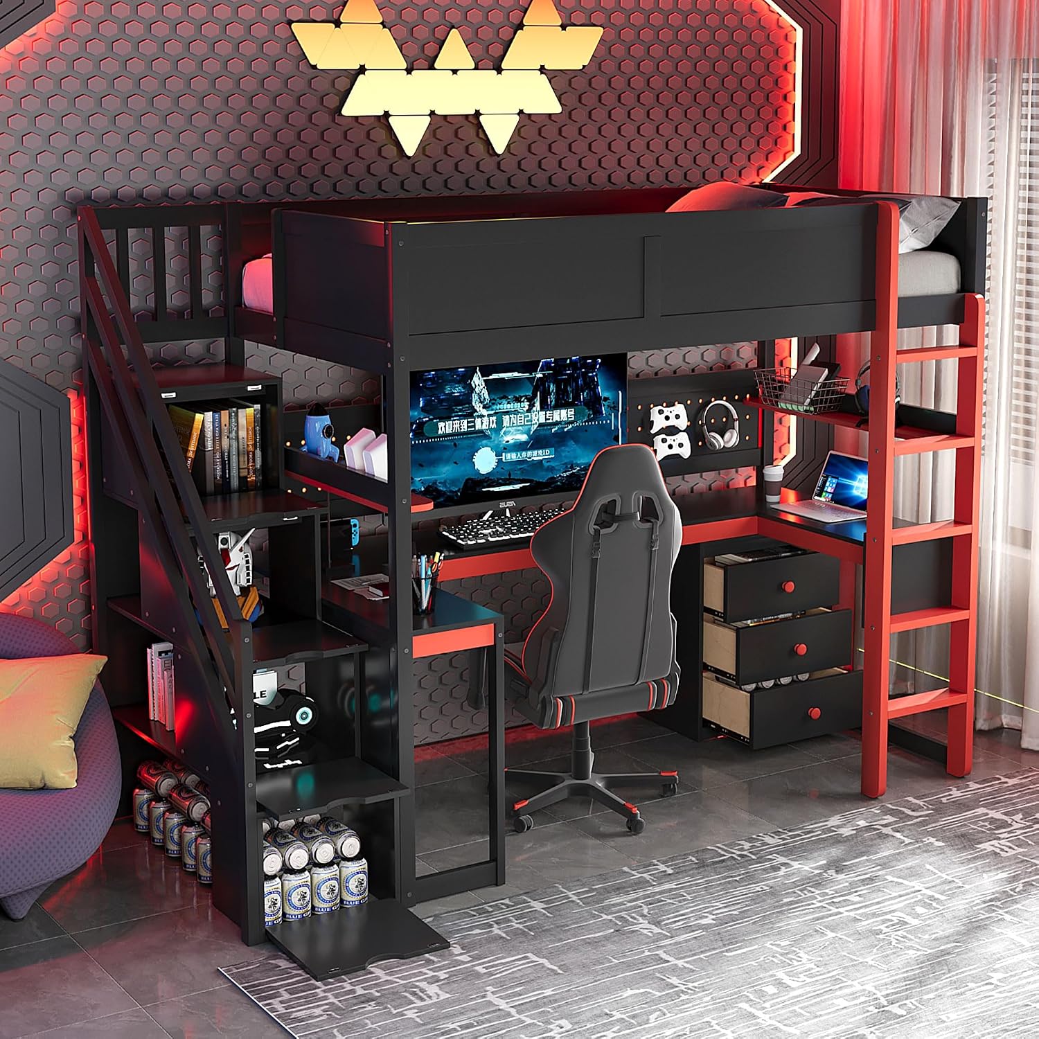 Ball & Cast Gaming Twin Size Loft Bed with Storage Stairs,Wood Gamer Loft Bed Frame W/Desk,Shelves and Pegboard,High Loft Bed W/Full-Length Guardrail,Bedroom Furniture for Student Dorms,Black+Red